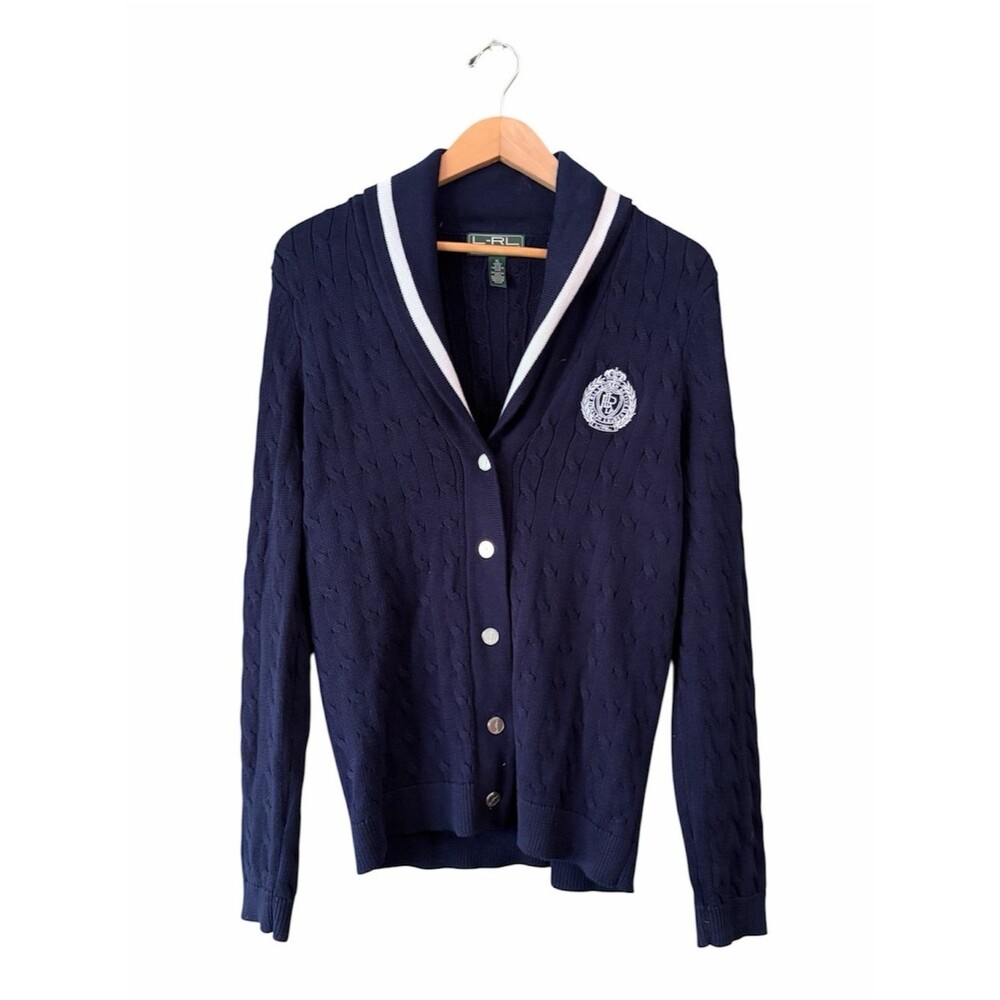Lauren Ralph Lauren Cardigan Cable Knit Shawl Collar Navy White Trim Crest XL